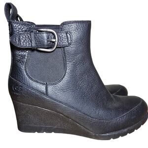 UGG Arleta Black Waterproof Leather WOOL Lining Wedge Boots Women US9 Buckle